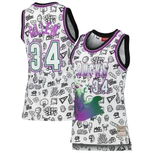 Ray Allen Milwaukee Bucks Women's 1996 Bold Doodle Swingman Jersey White - Stock limité - Commandez vite votre maillot exclusif